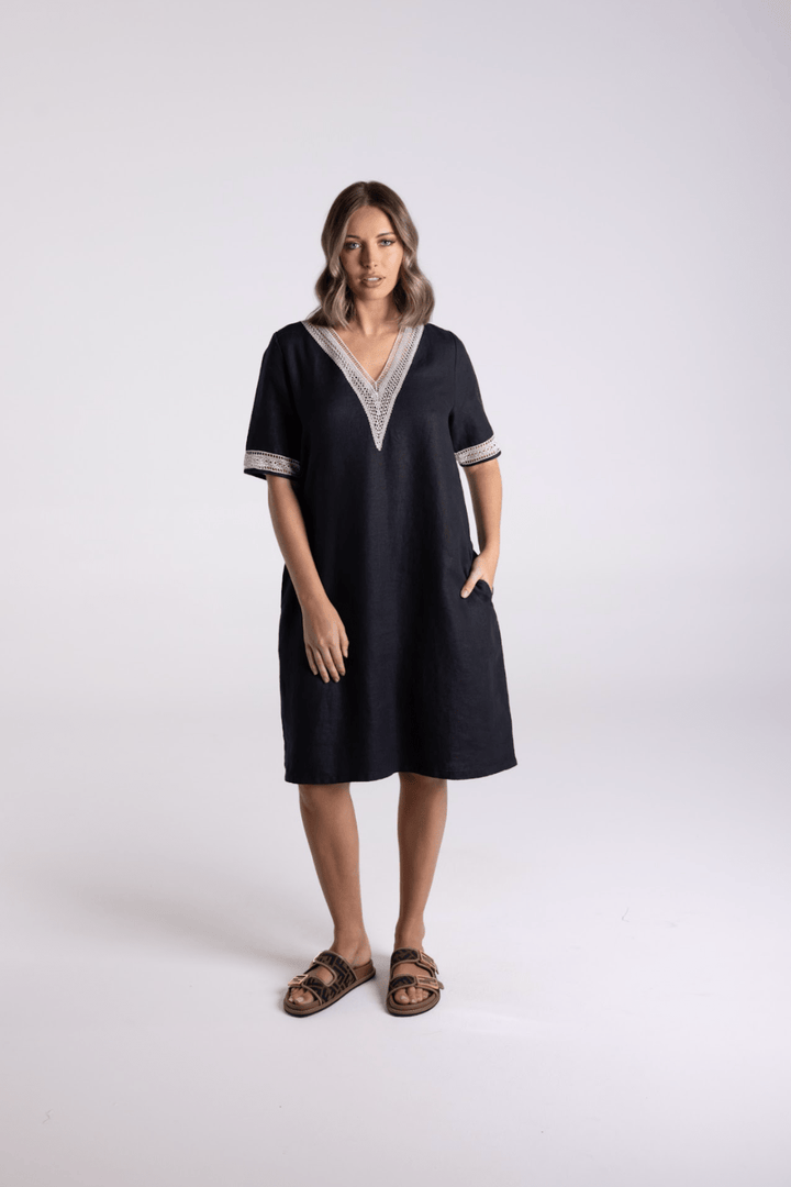 V - Neck Dress - Black/Natural - TT67 - Pizazz BoutiqueTwo - T's