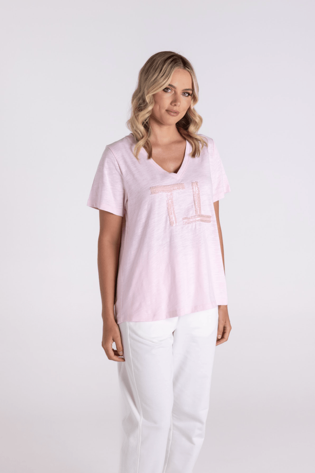 V - Neck Sequinned Logo Tee - Pink - TT5 - Pizazz BoutiqueTwo - T's