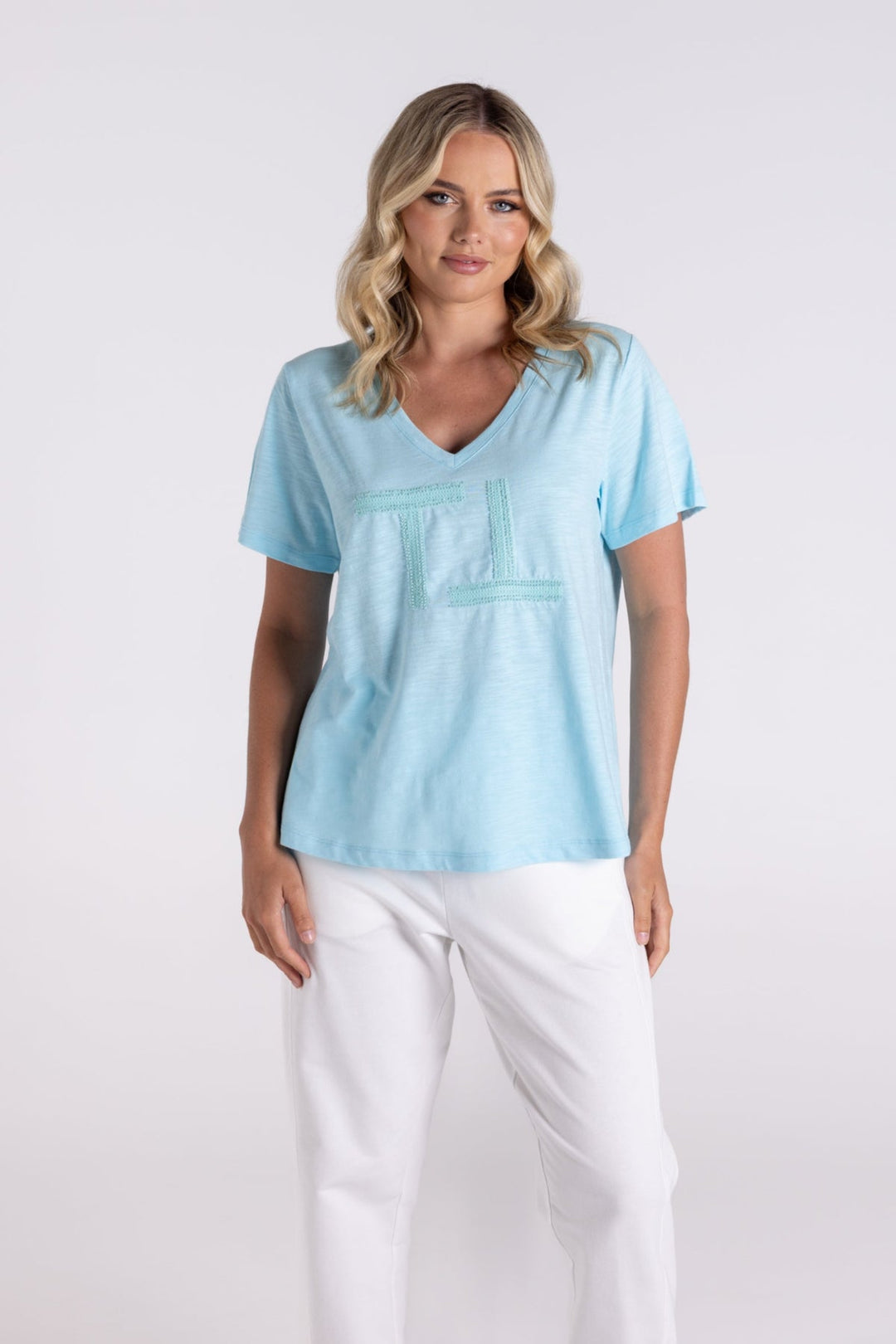 V - Neck Sequinned Logo Tee - Turquoise - TT5 - Pizazz BoutiqueTwo - T's