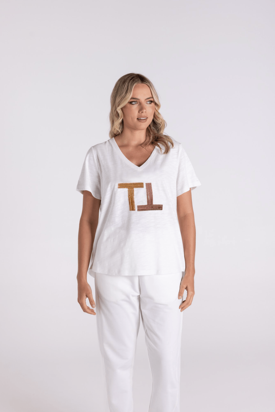 V - Neck Sequinned Logo Tee - White/Gold & Pink - TT5 - Pizazz BoutiqueTwo - T's