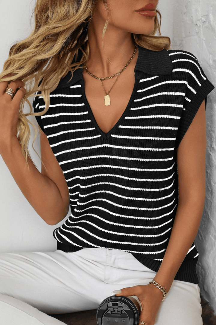 V - Necked Stripe Top - Black - MF6 - Pizazz BoutiqueMutig