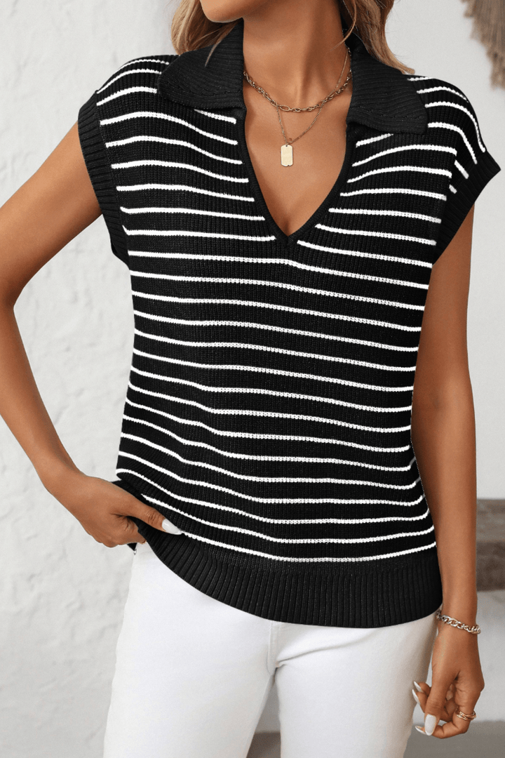 V - Necked Stripe Top - Black - MF6 - Pizazz BoutiqueMutig