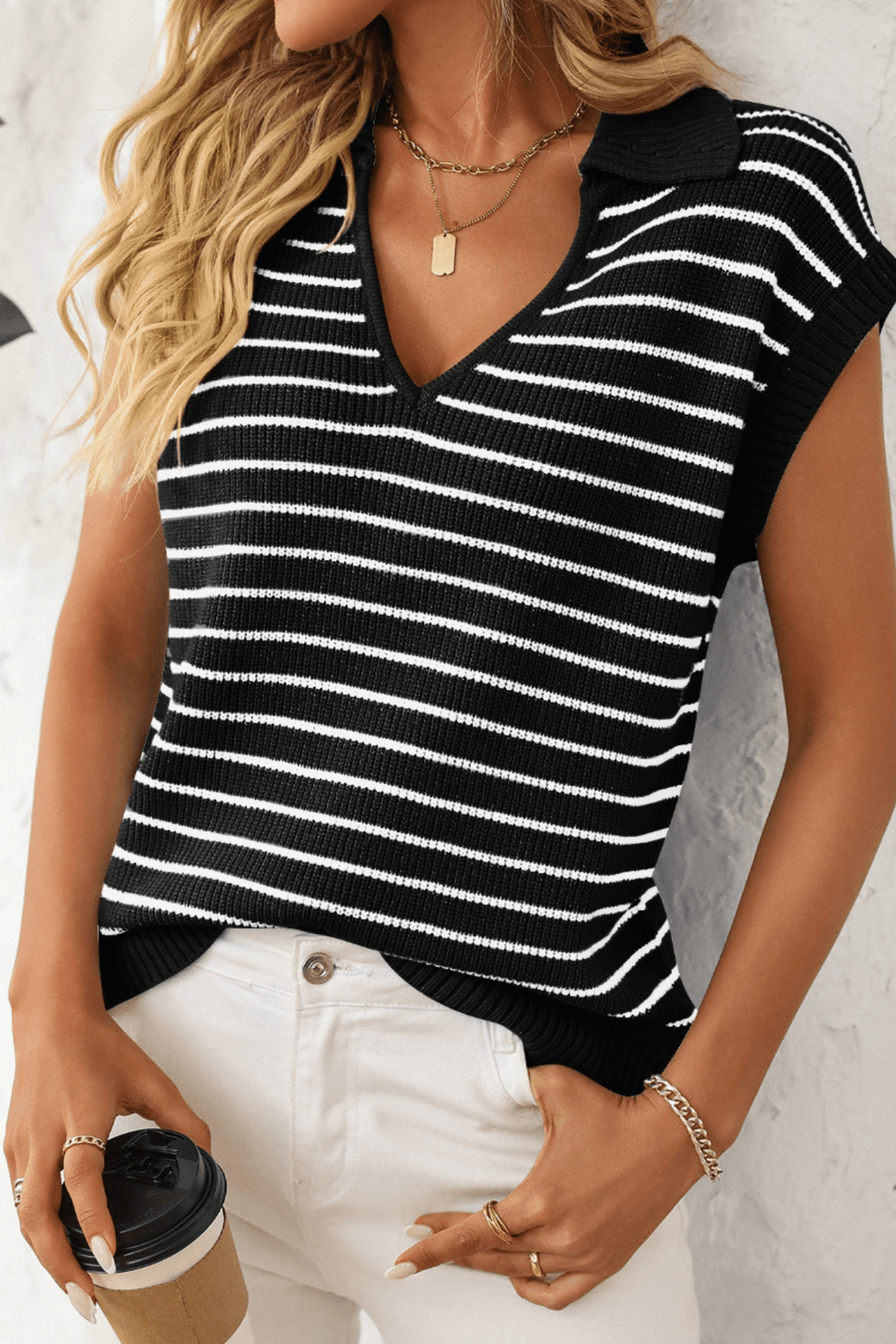 V - Necked Stripe Top - Black - MF6 - Pizazz BoutiqueMutig