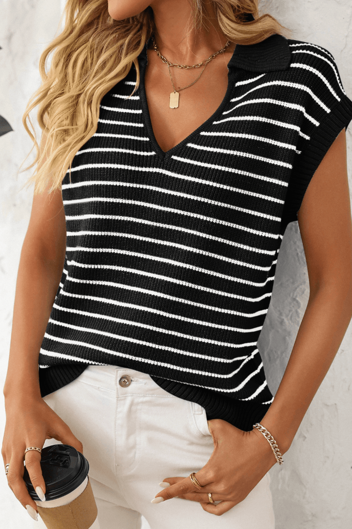 V - Necked Stripe Top - Black - MF6 - Pizazz BoutiqueMutig
