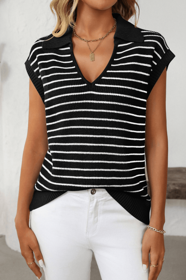 V - Necked Stripe Top - Black - MF6 - Pizazz BoutiqueMutig