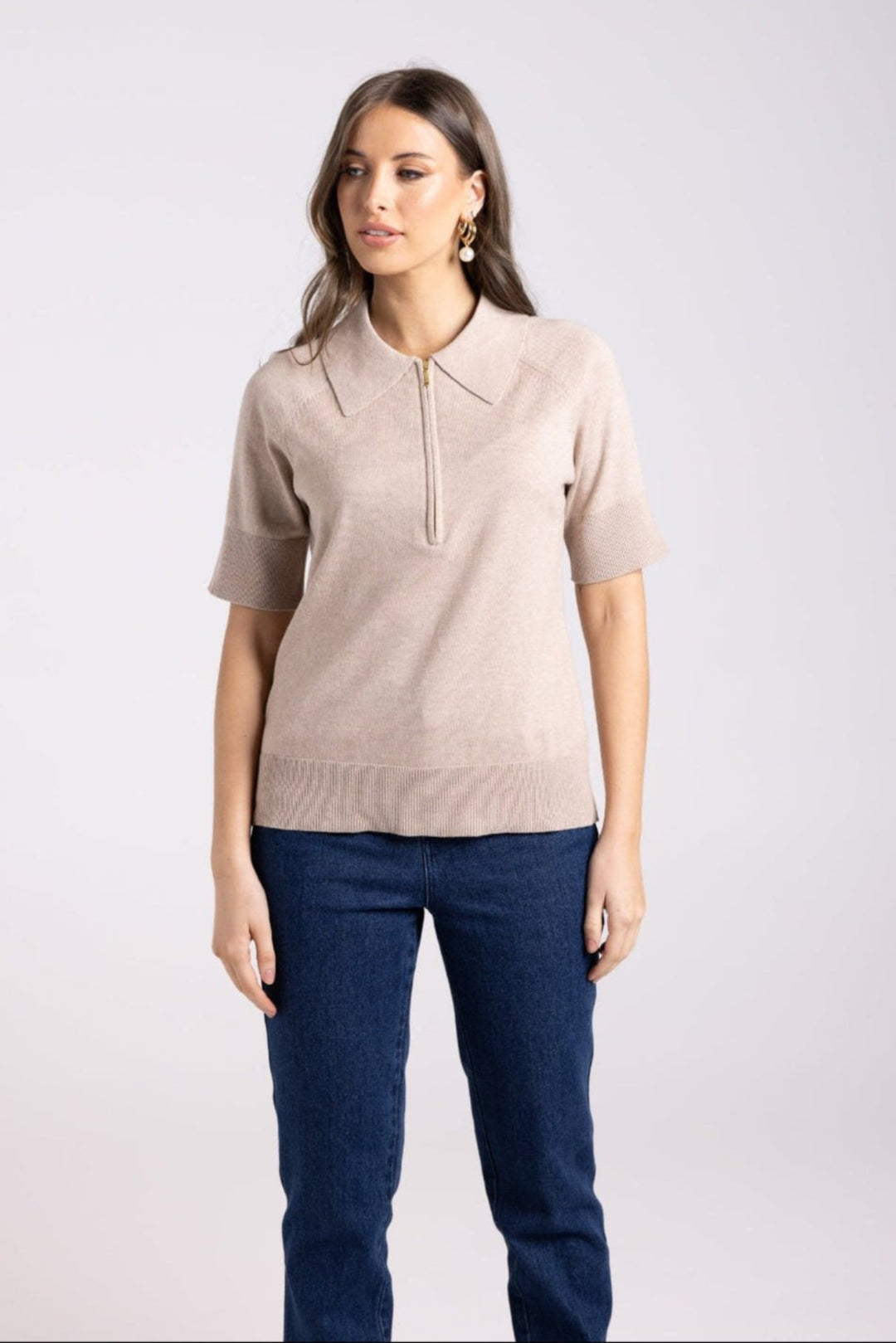 Zip Knit Polo - Biscotti - TT65 - Pizazz BoutiqueTwo - T's