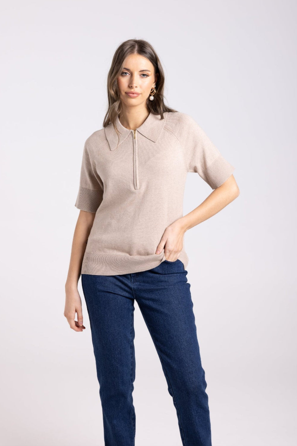Zip Knit Polo - Biscotti - TT65 - Pizazz BoutiqueTwo - T's