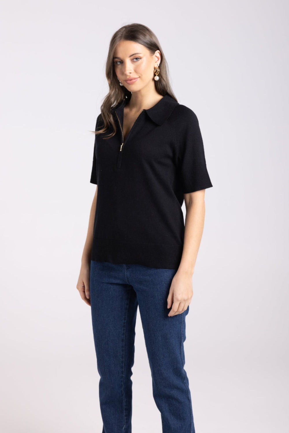 Zip Knit Polo - Black - TT65 - Pizazz BoutiqueTwo - T's