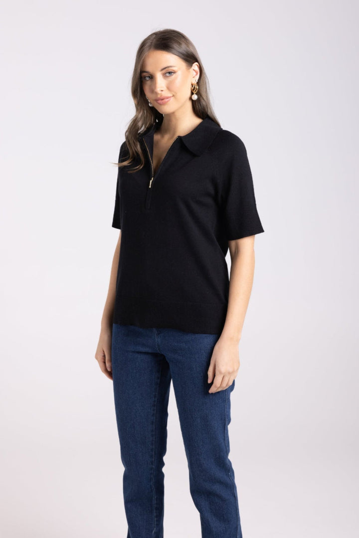 Zip Knit Polo - Black - TT65 - Pizazz BoutiqueTwo - T's