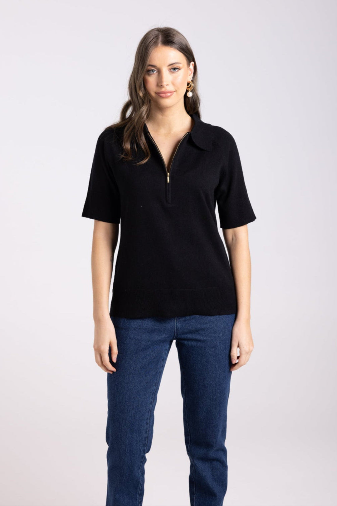 Lady in black Zip Knit Polo - Black - TT65 - Pizazz BoutiqueTwo - T's