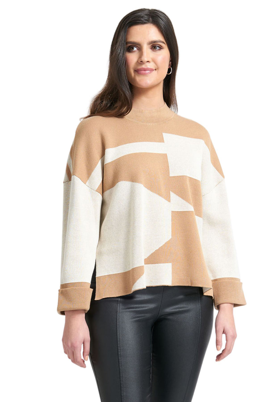 Woman wearing the block roll sweater in camel & white by FOIL, sold and shipped from Pizazz Boutique Nelson Bay women's dresses online Australia