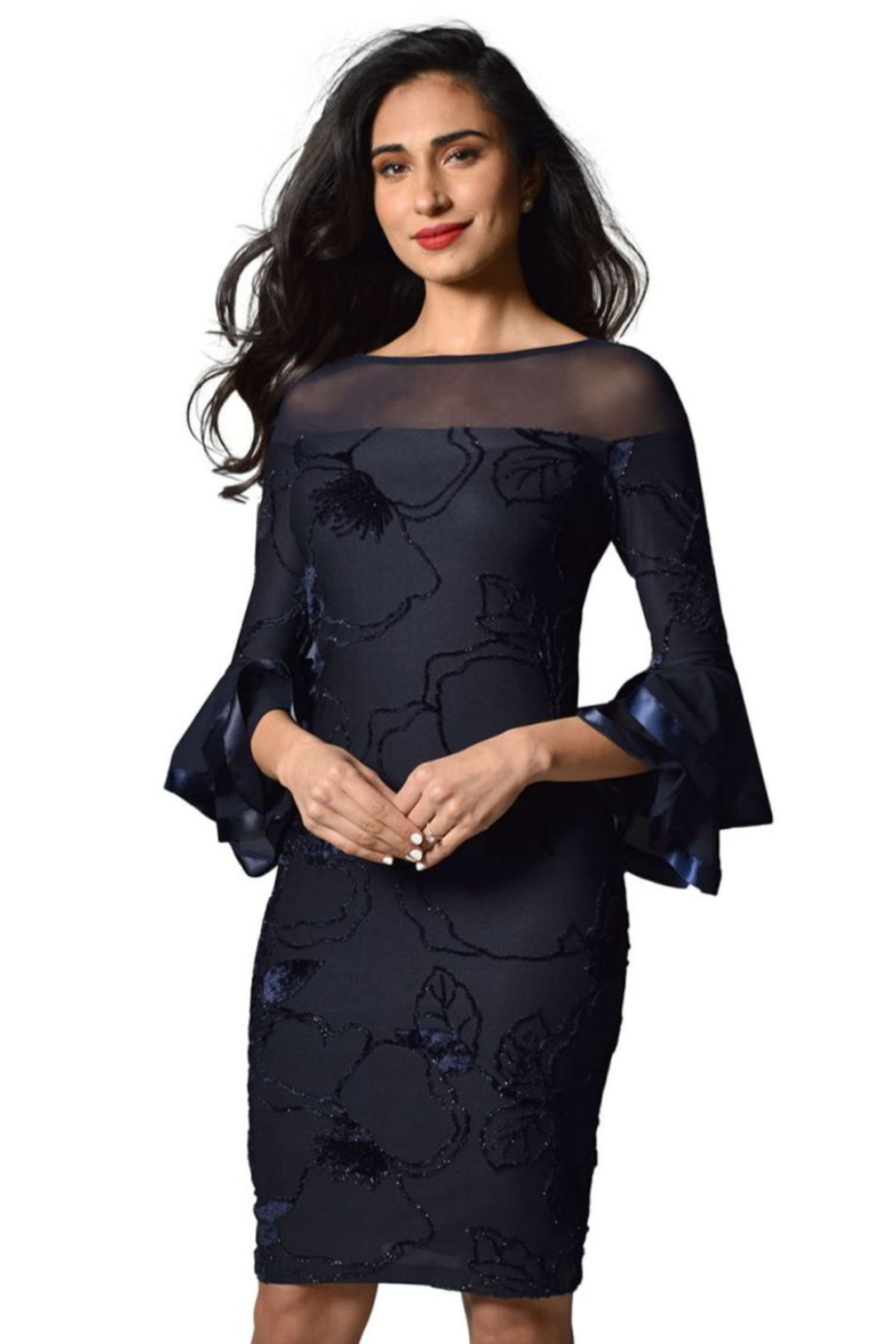 From the sensual neckline and the oversized textured pattern of florals the Veronica Dress by designer Frank Lyman will have you turning heads. This beautiful dress is slim fitting and features a sheer off the shoulder neckline, slender 3/4 sleeves finished with tiered ruffle cuffs. Brand : Frank Lyman Style Code : 219221 Colour: Navy Fabric : 50% Polyester; 40% Rayon; 5% Metallic; 5% Elastane Hand wash only  Pull On closure Hand Wash Only 3/4 Sleeves  Knee length