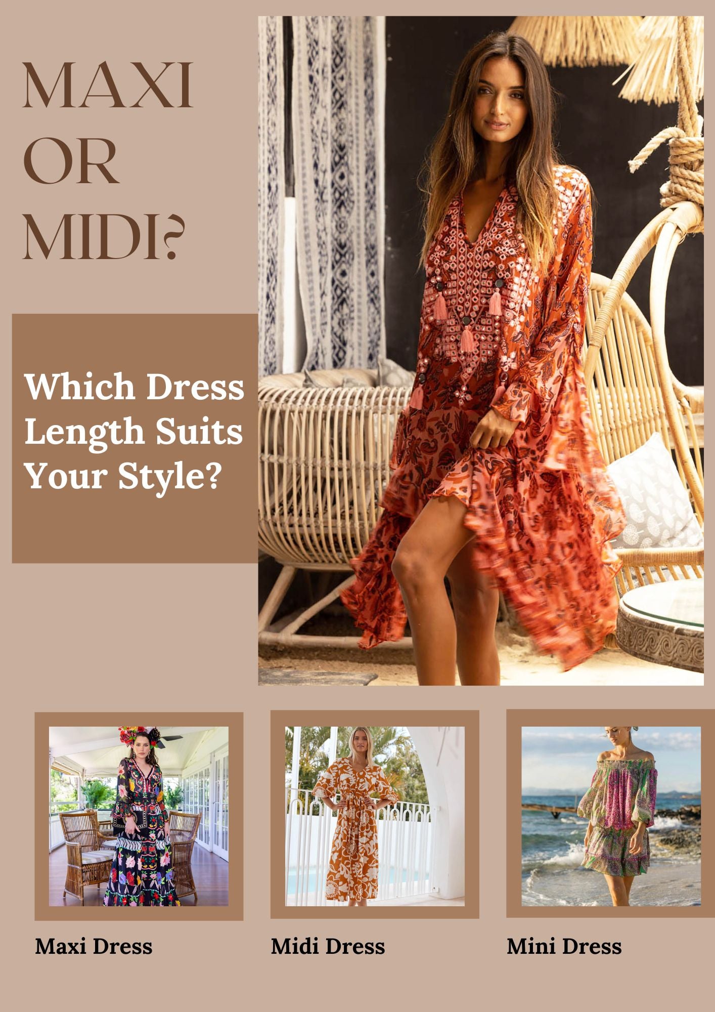 Poster for an article asking Maxi or Midi? Which dress suits your style? With pictures of women wearing different length dresses. Sold and shipped from Pizazz Boutique Nelson Bay