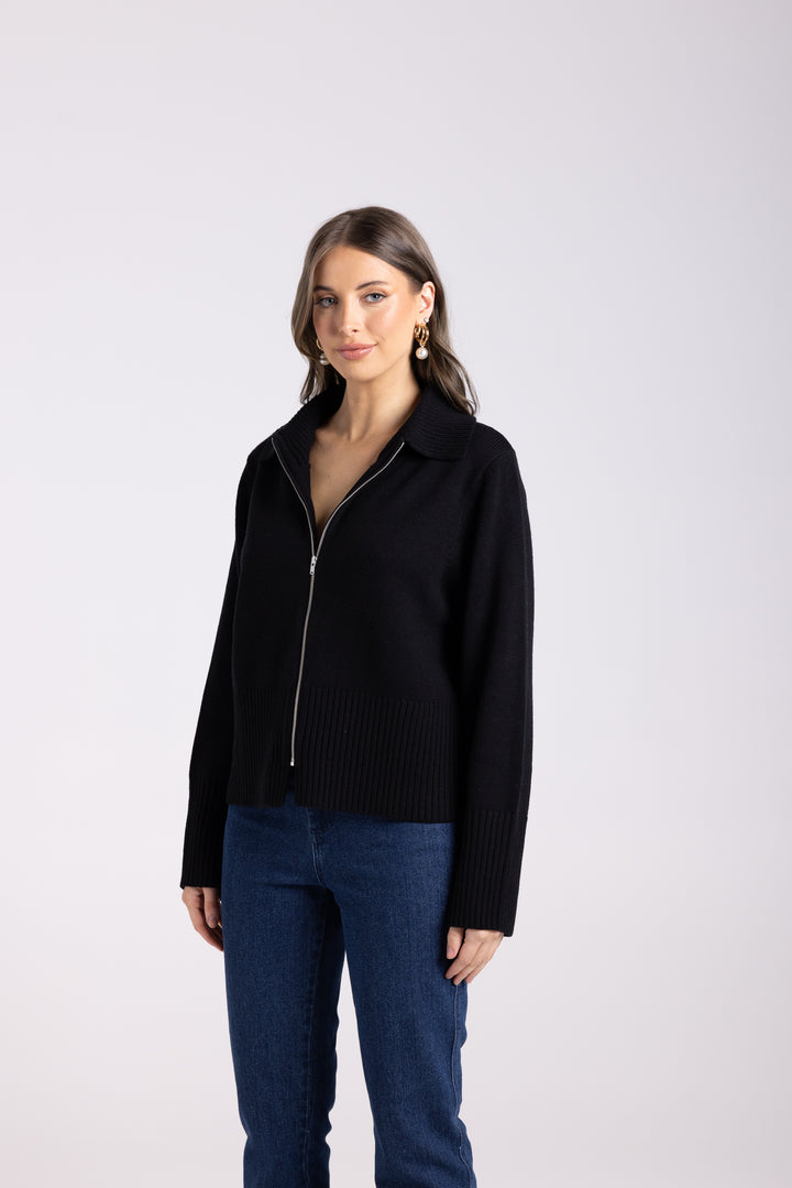 Zip Through Cardigan - Black - TT62