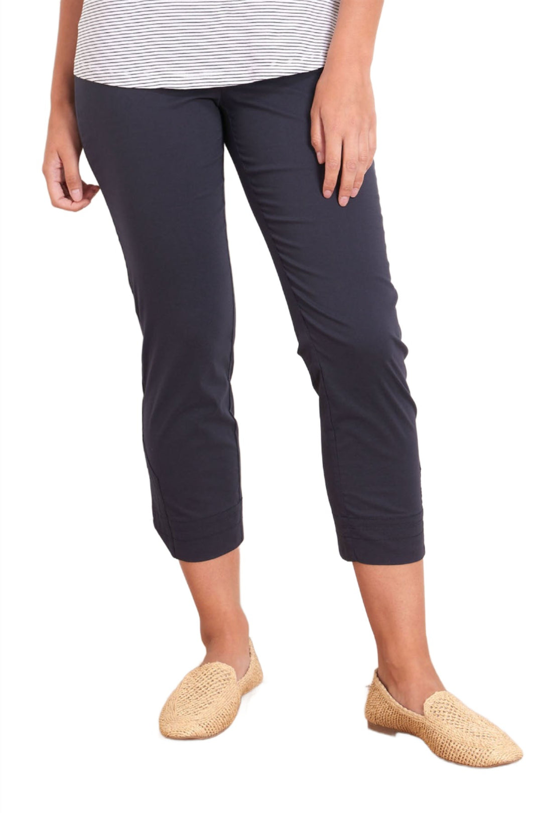 Woman wearing 7/8 Trapeze Pants in Navy by FOIL and tan shoes sold and shipped from Pizazz Boutique Nelson Bay Women's Clothing Shops online Australia