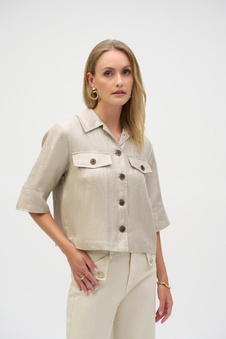 Foiled Linen Blend Boxy Jacket - Champagne -JR48