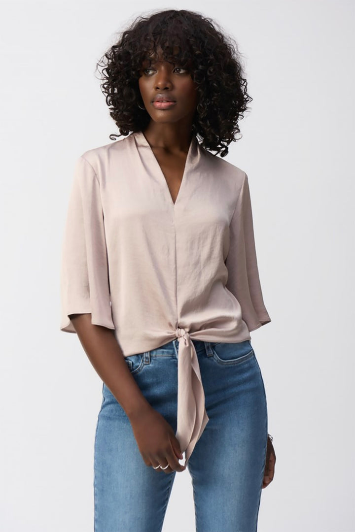 Satin V-Neck Top with Front Tie - Parchment - JR4