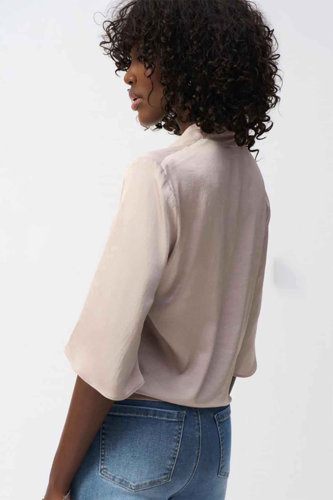 Satin V-Neck Top with Front Tie - Parchment - JR4