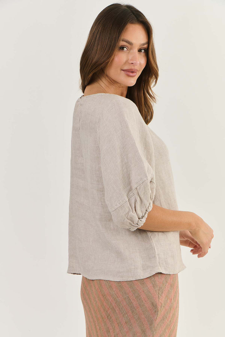 Round Neck Linen Top - Dune - OJ28