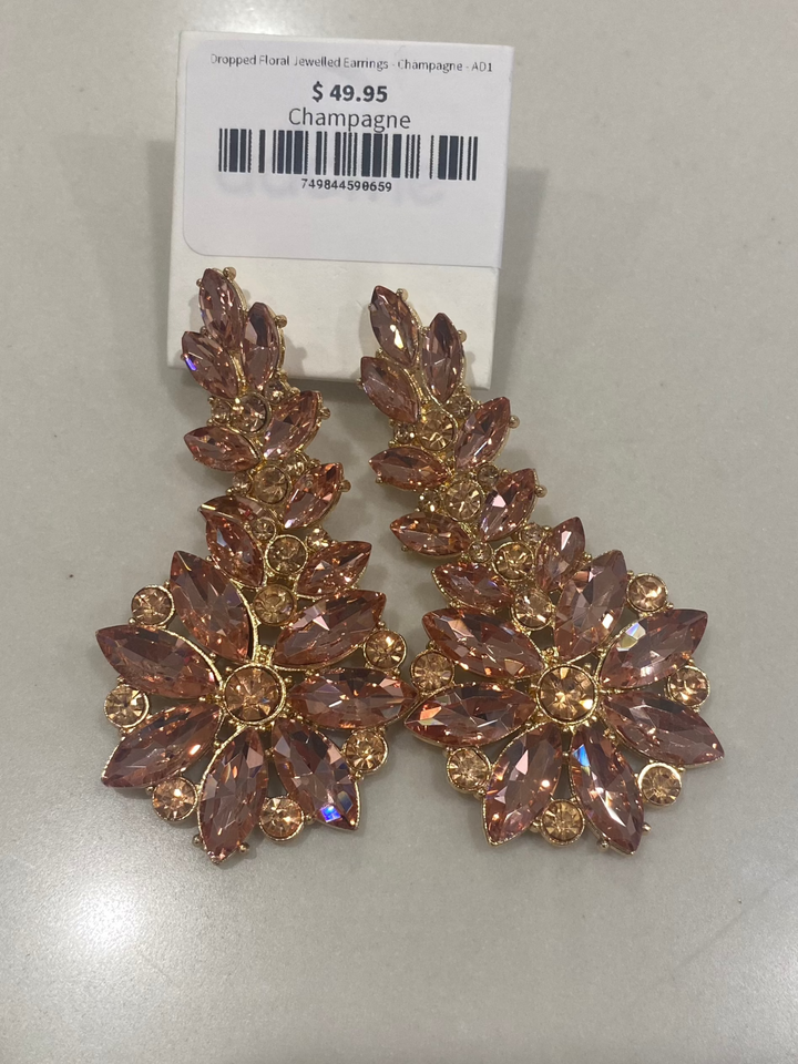 Dropped Floral Jewelled Earrings - Champagne - AD1