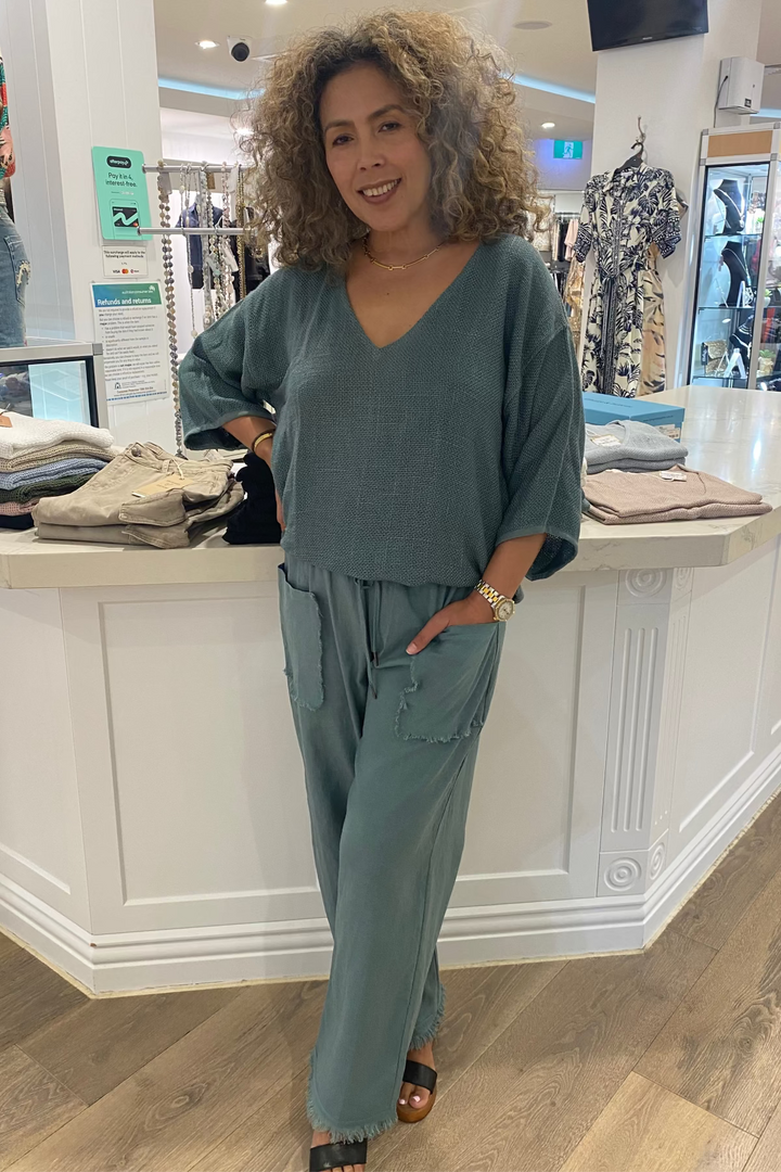 Estelle Hessian V Neck Top - Seafoam - CB2