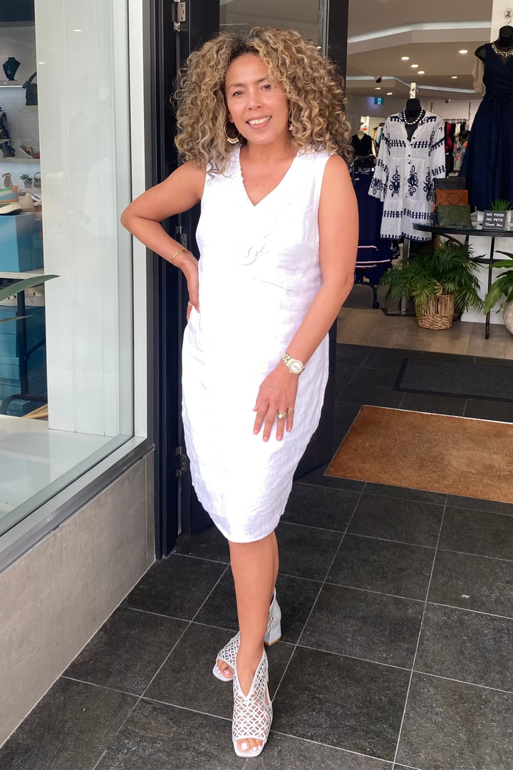 Sleeveless Ruffle Linen Dress - White - SS36