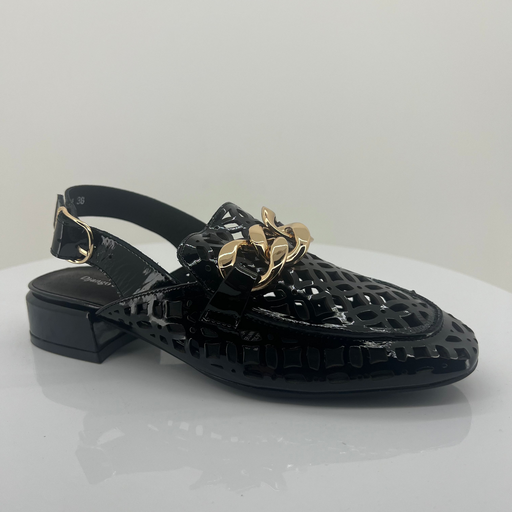 Black embellished sandal with gold accents on a white background