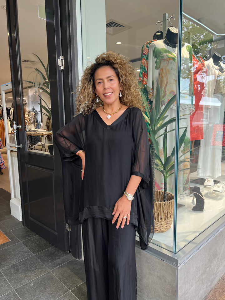 Felicity V-Neck Silk Top - Black - CG69