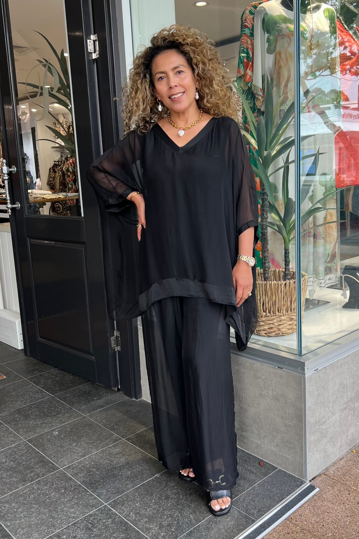 Felicity V-Neck Silk Top - Black - CG69
