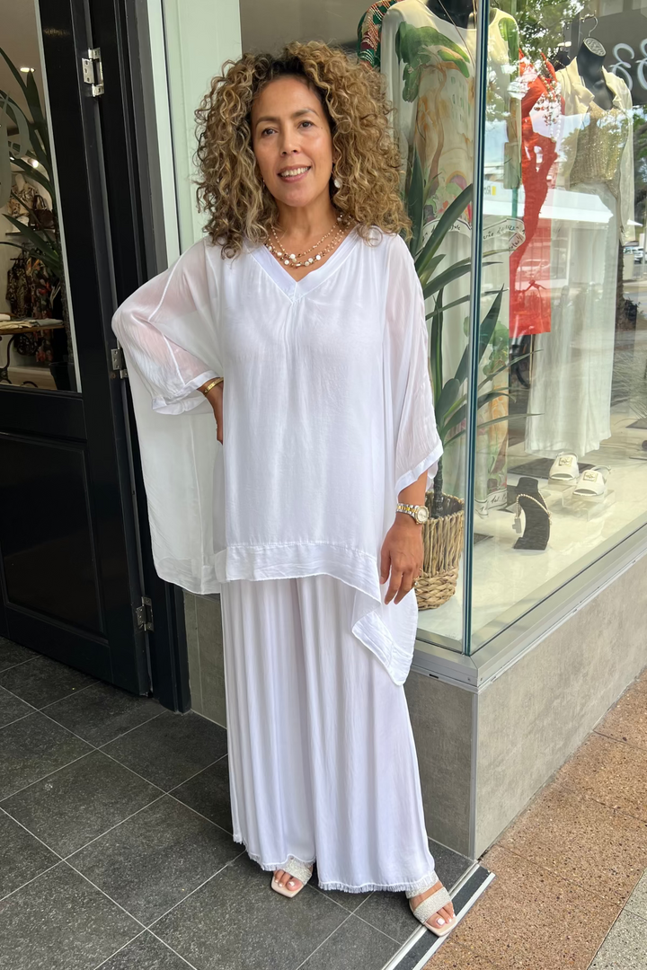 Felicity V-Neck Silk Top - White - CG69