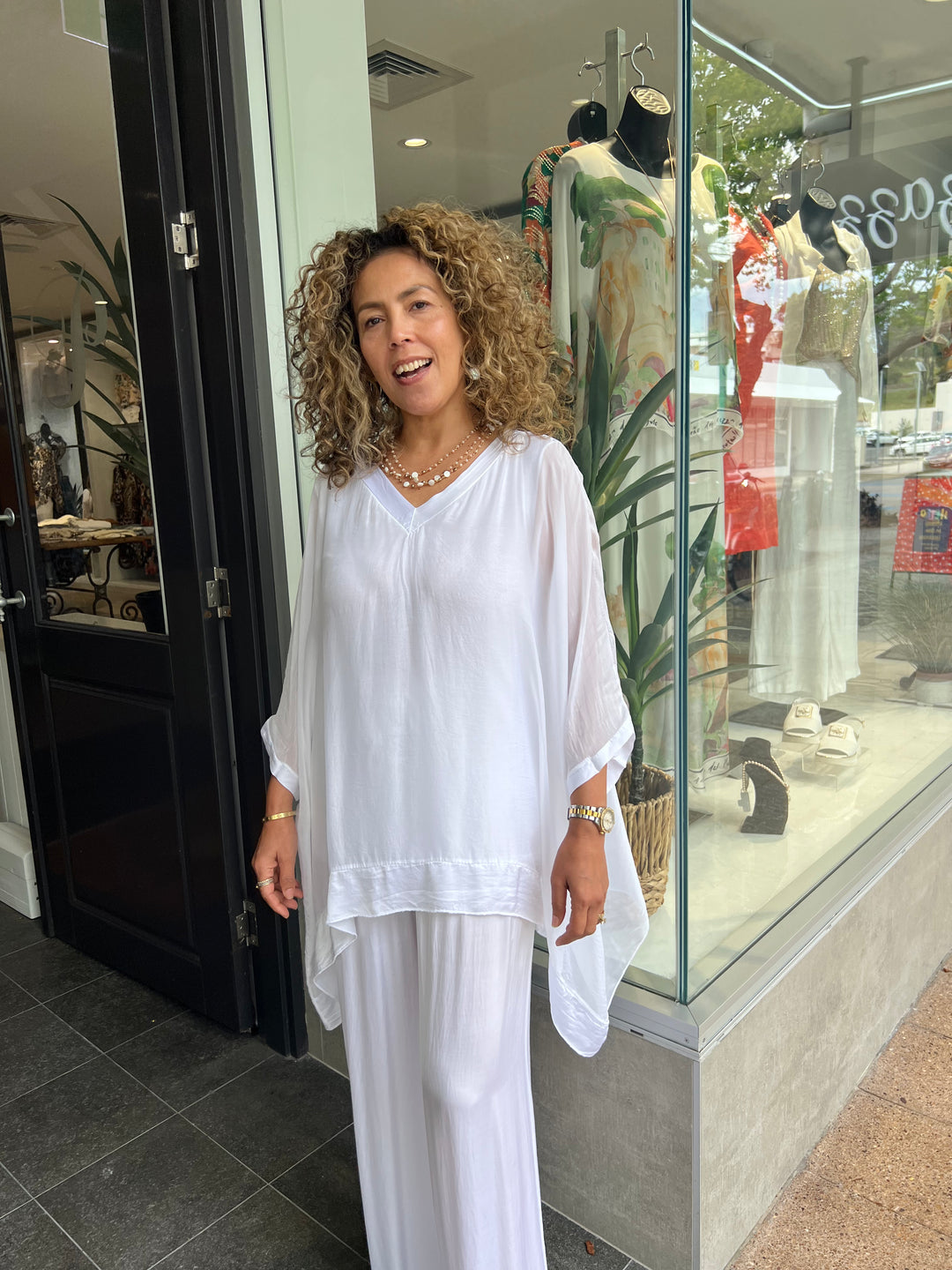 Felicity V-Neck Silk Top - White - CG69