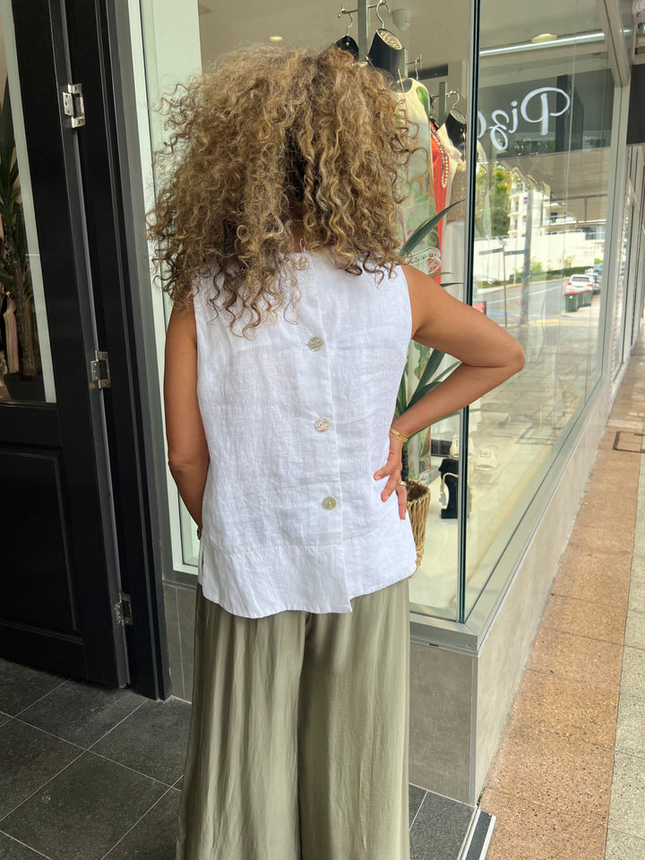 Linen Button Back Top - White - SS38