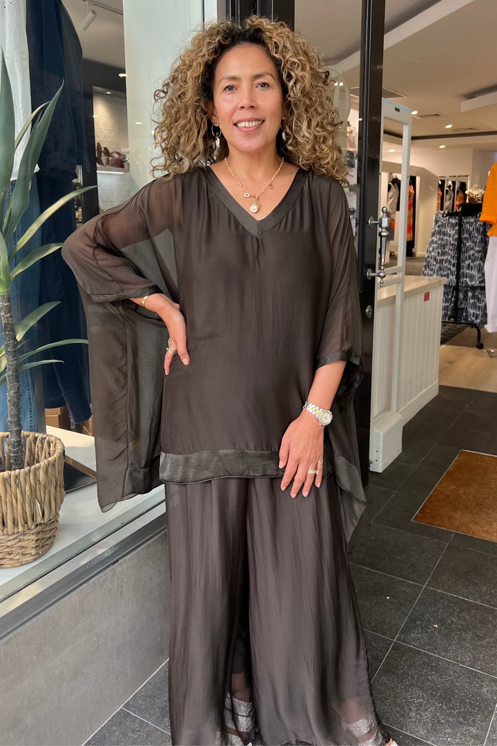 Felicity V-Neck Silk Top - Chocolate - CG69