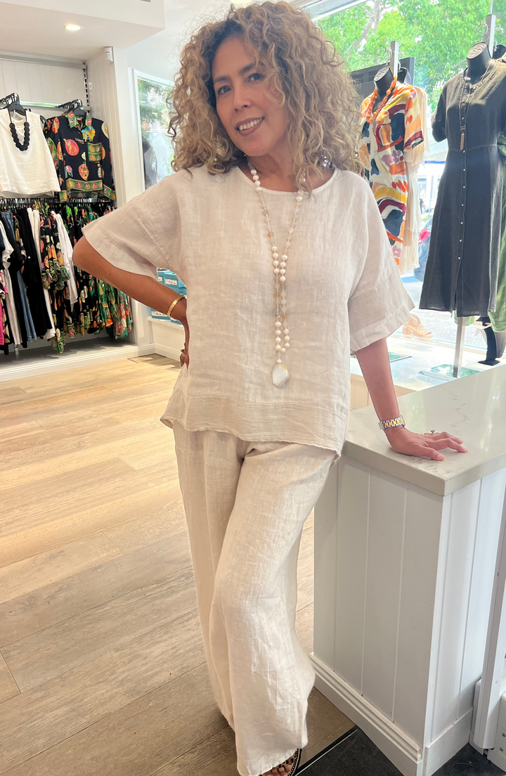 Crochet Linen Top - Beige - CC36