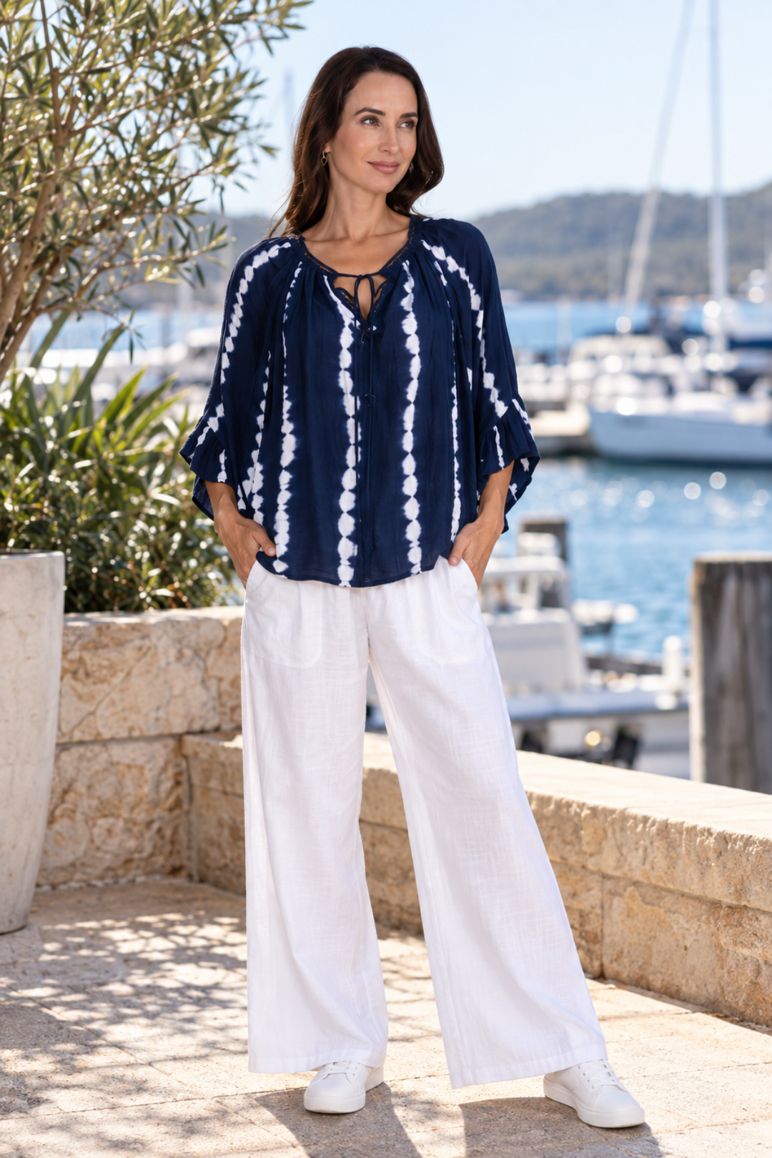 Kavala Gathered Top - Dark Blue/White - CB96