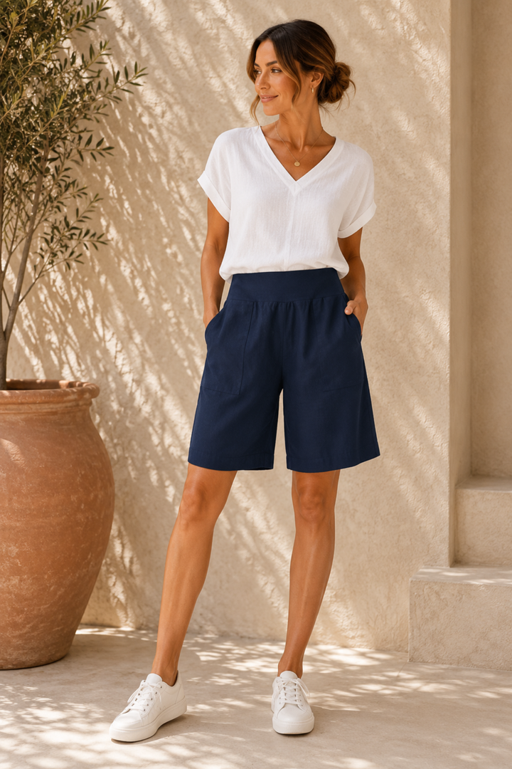 Jersey Waist Linen Short - Navy - GS8