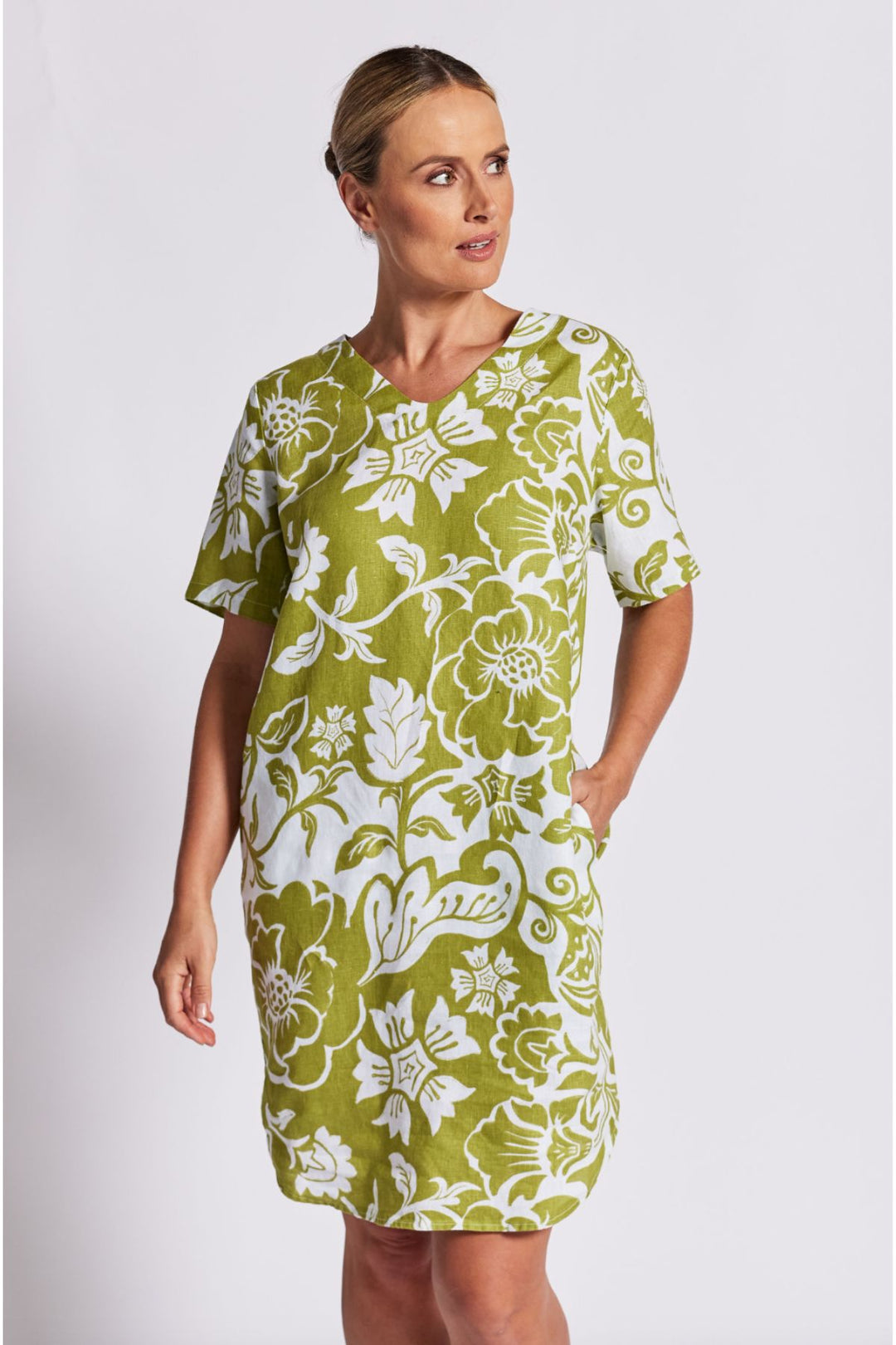 Linen Soft V Neck Dress - Vine - SS25