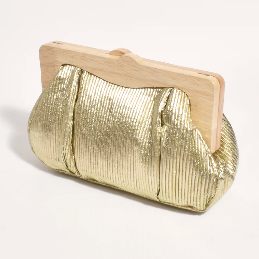 Mira Metallic Pleated Timber Frame Clutch - Gold - AD15