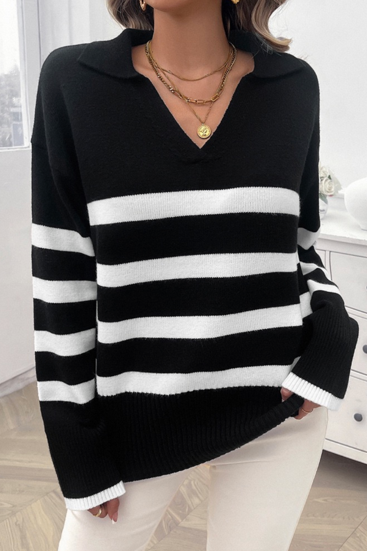 Collared Stripe Knit - Black - MF10