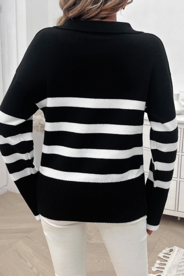 Collared Stripe Knit - Black - MF10