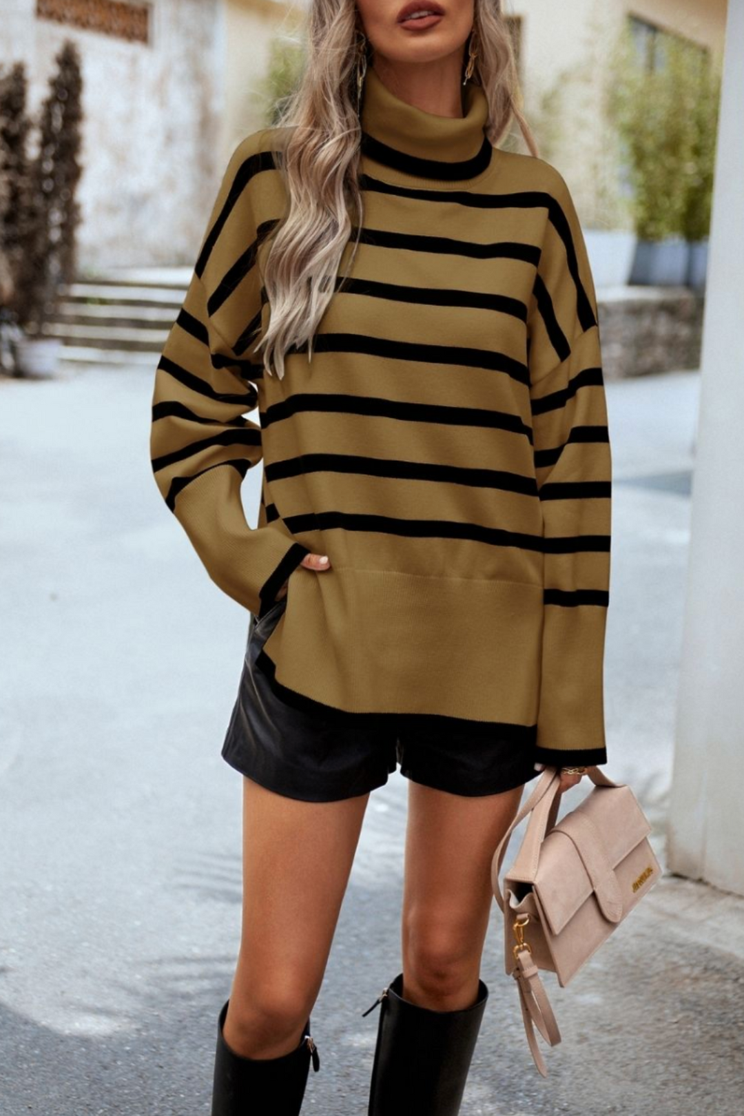 Striped Turtle Neck Knit - Brown - MF13