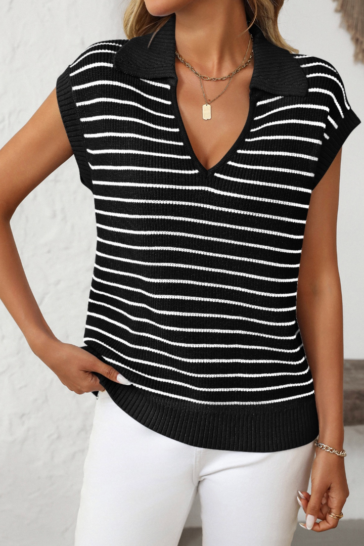 V-Necked Stripe Top - Black - MF6