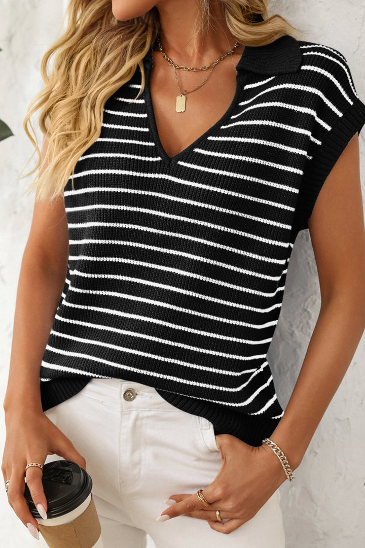 V-Necked Stripe Top - Black - MF6