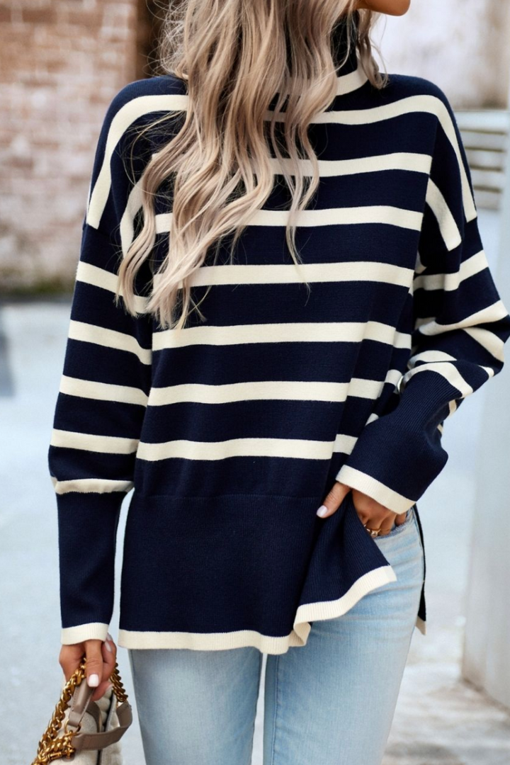 Striped Turtle Neck Knit - Navy - MF13