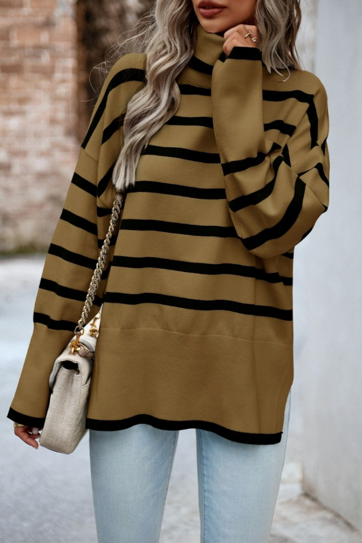 Striped Turtle Neck Knit - Brown - MF13