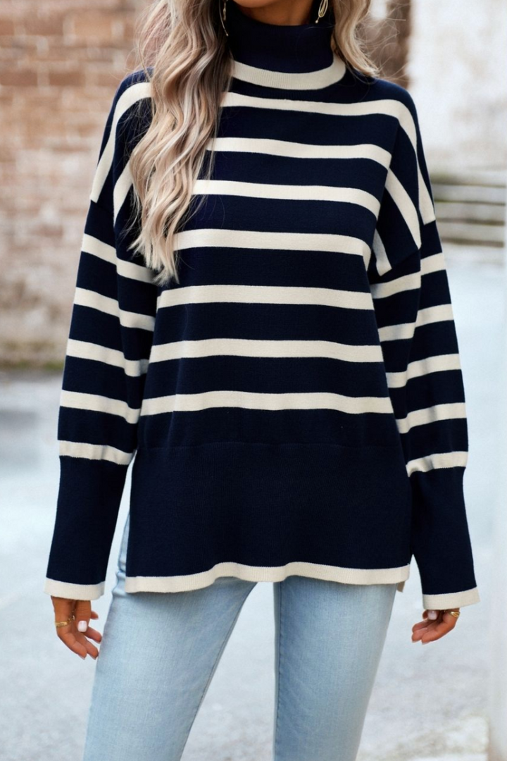 Striped Turtle Neck Knit - Navy - MF13