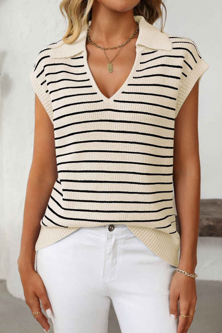 V-Necked Stripe Top - Sand - MF6