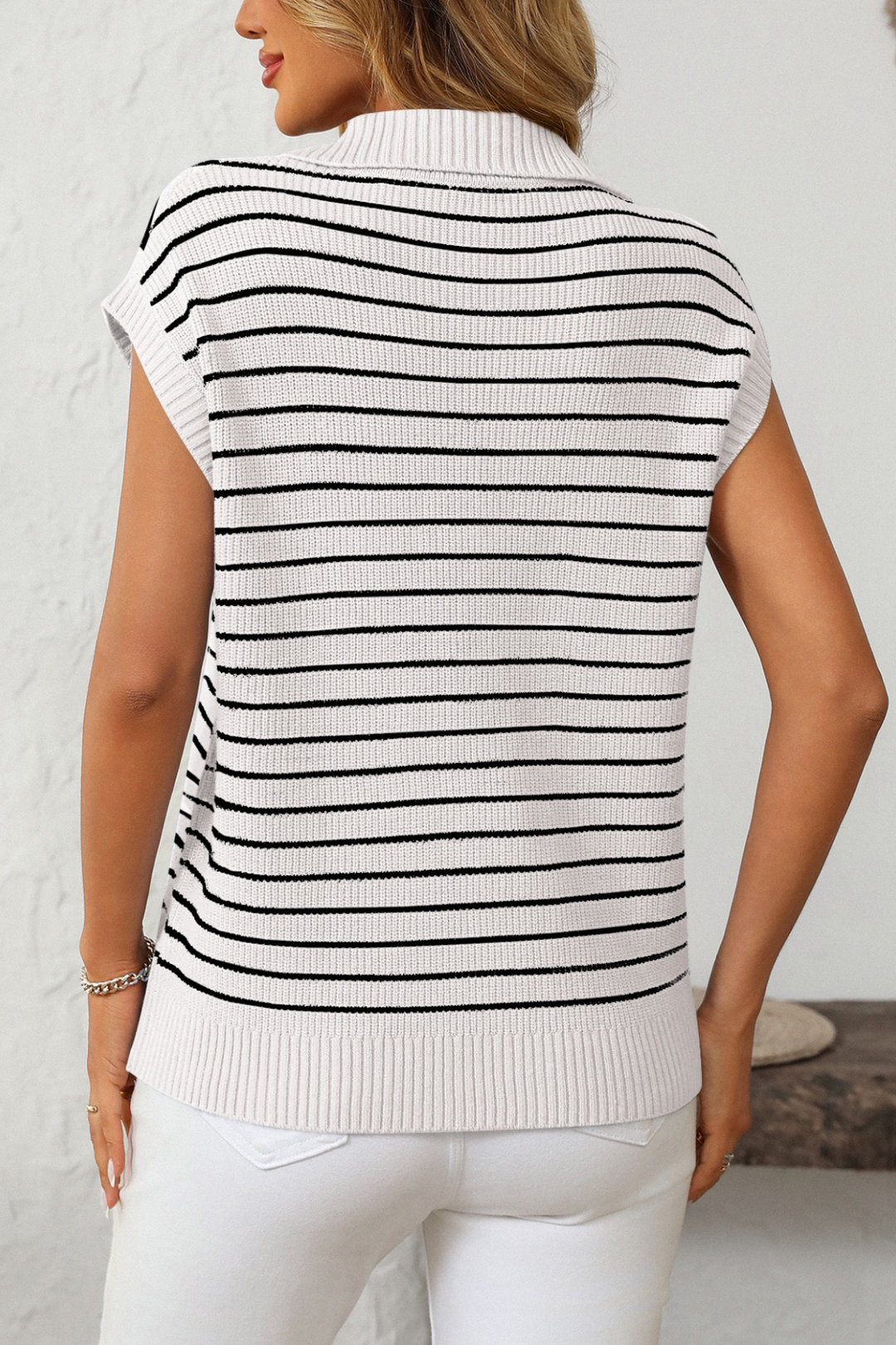 V-Necked Stripe Top - White - MF6