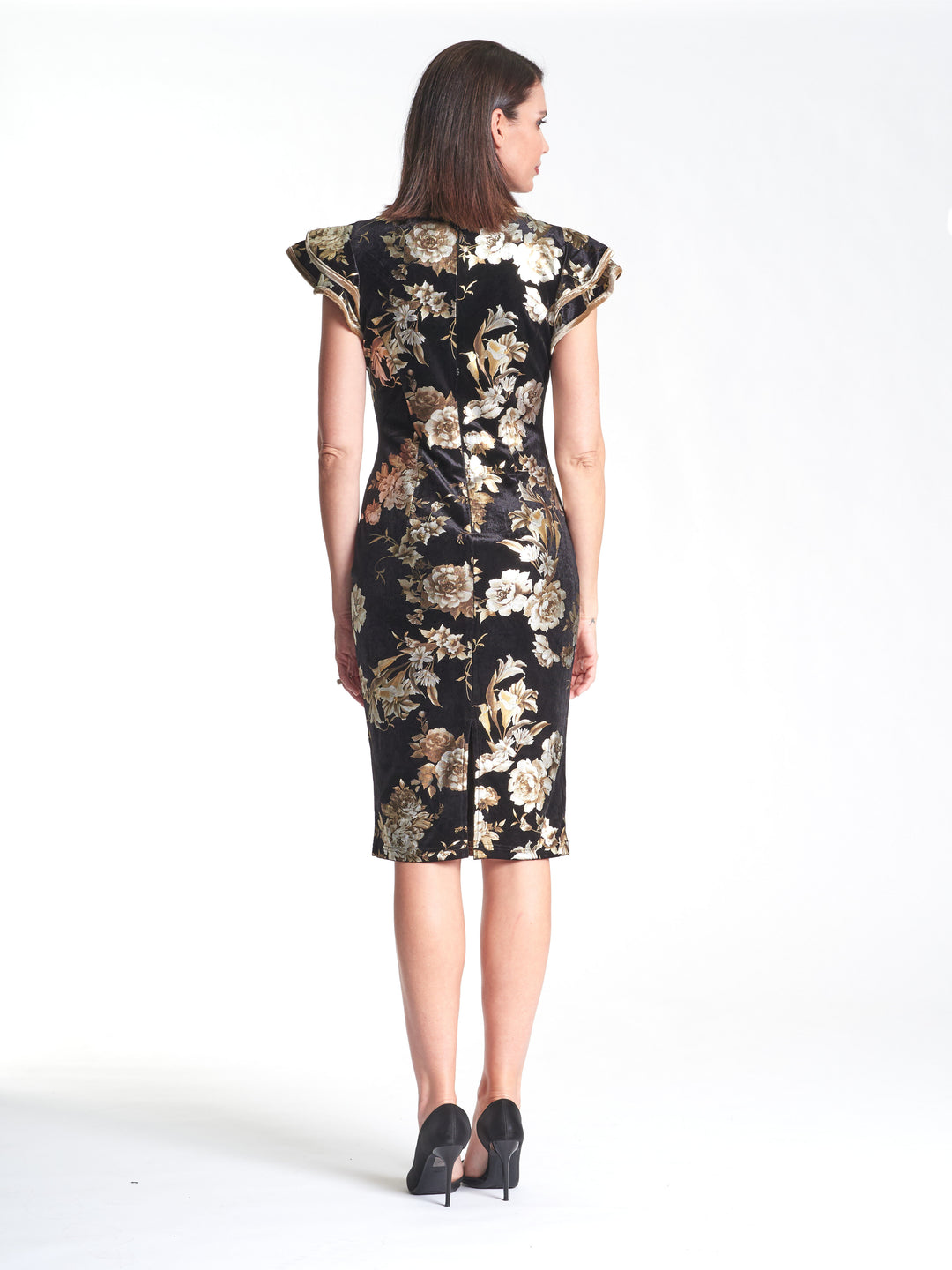 Velvet Frill Sleeve Dress - Flower Print - PR8