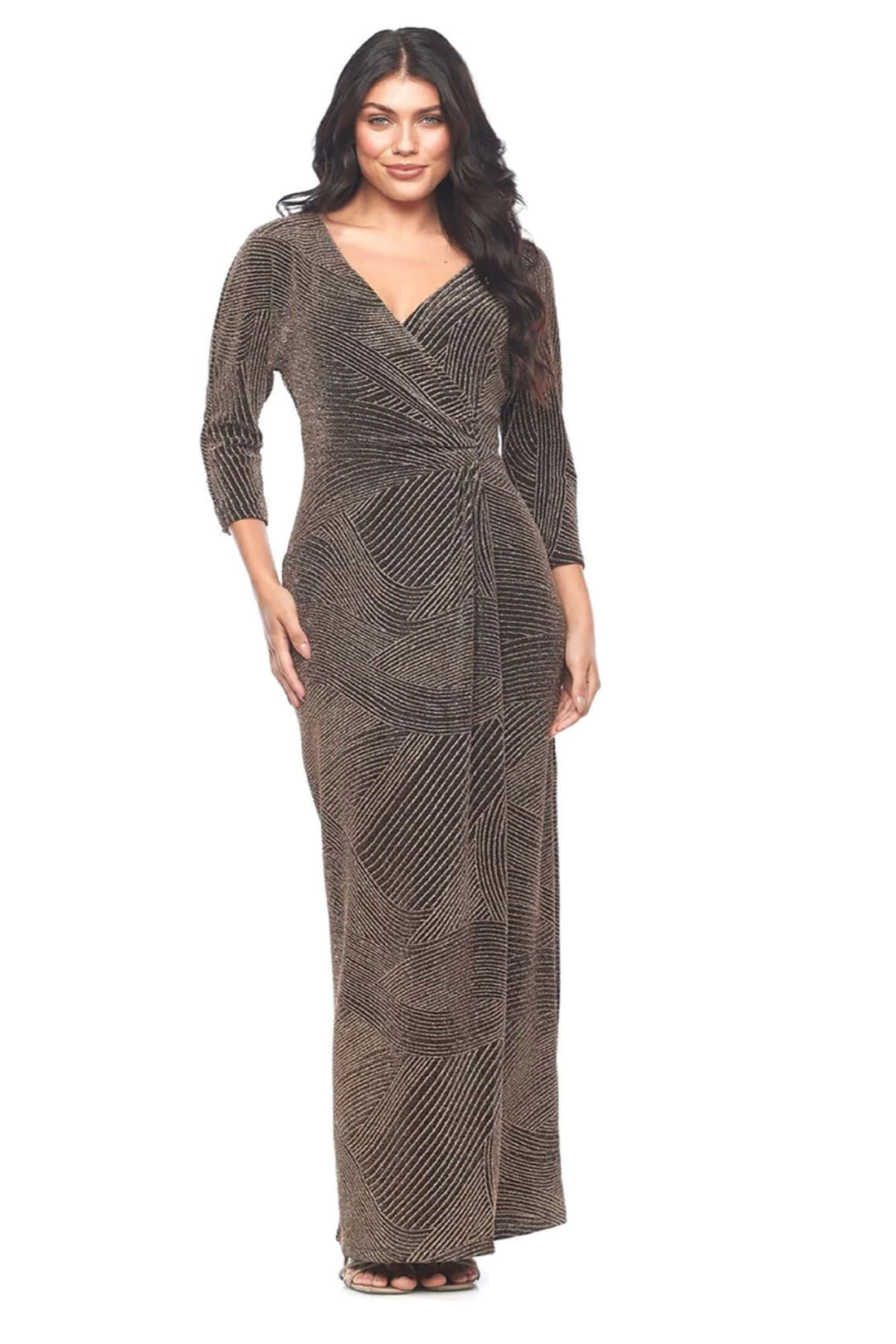 Woman wearing the Zaliea bronze dress, sold and shipped from Pizazz Boutique Nelson Bay women's dresses online Australia